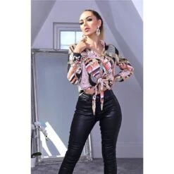 Pink Damen Langarm Bluse Zum Binden Mit Kettenmuster Schwarz