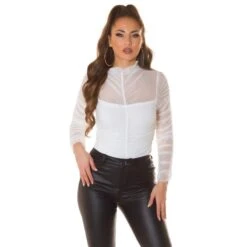 Damen Langarm Blusenshirt Aus Chiffon Mit Raffungen Weiß -Look Motto Verkäufe damen langarm blusenshirt aus chiffon mit raffungen weiss5