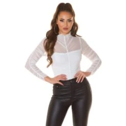 Damen Langarm Blusenshirt Aus Chiffon Mit Raffungen Weiß -Look Motto Verkäufe damen langarm blusenshirt aus chiffon mit raffungen weiss8