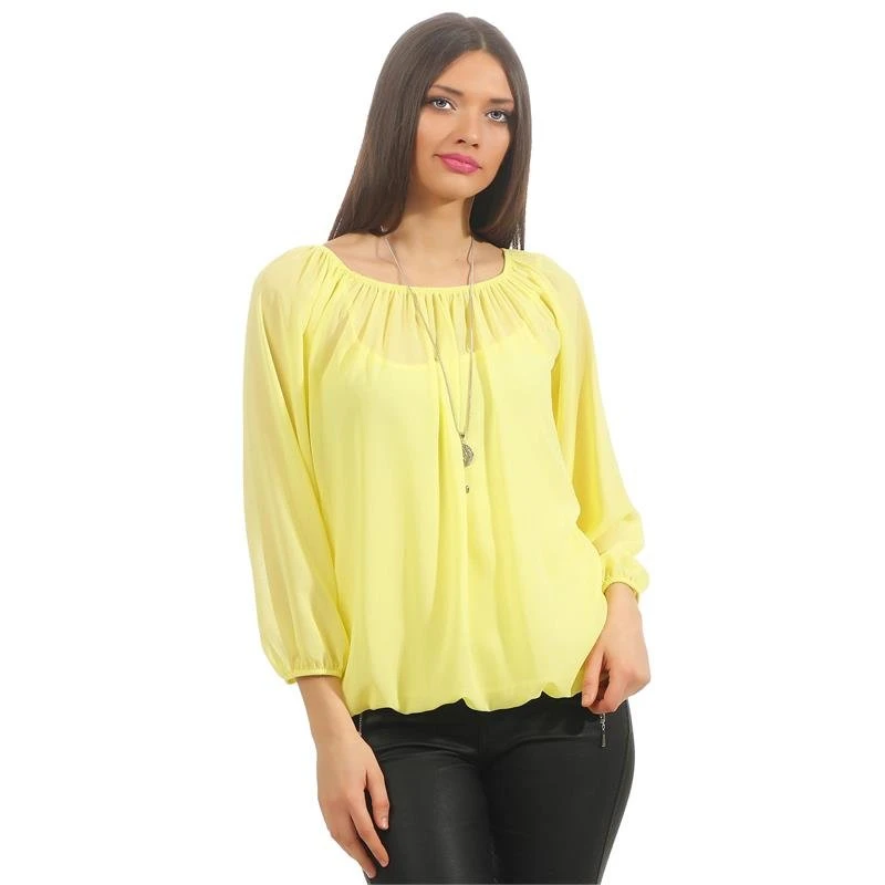 Damen Langarm Chiffon-Bluse Mit Top Und Kettchen Gelb 3 Damen Langarm Chiffon-Bluse Mit Top Und Kettchen Gelb