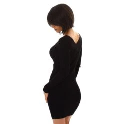 Damen Langarm Kleid Aus Rippstrick Mit Strass Schwarz -Look Motto Verkäufe damen langarm kleid aus rippstrick mit strass schwarz2