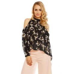 Damen Langarm Plissee Bluse Aus Chiffon Mit Blumen Schwarz