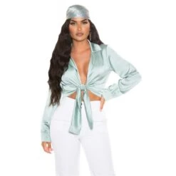 Damen Langarm Wickelbluse Bauchfrei Satin Bluse Mintgrün -Look Motto Verkäufe damen langarm wickelbluse bauchfrei satin bluse mintgruen5