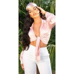Damen Langarm Wickelbluse Bauchfrei Satin Bluse Rosa