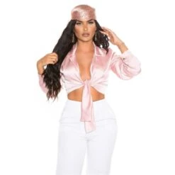 Damen Langarm Wickelbluse Bauchfrei Satin Bluse Rosa -Look Motto Verkäufe damen langarm wickelbluse bauchfrei satin bluse rosa5