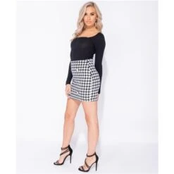 Damen Minirock Mit Hahnentrittmuster Und Knöpfen Schwarz/Weiß -Look Motto Verkäufe damen minirock mit hahnentrittmuster und knoepfen schwarz weiss4