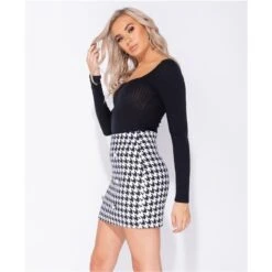Damen Minirock Mit Hahnentrittmuster Und Knöpfen Schwarz/Weiß -Look Motto Verkäufe damen minirock mit hahnentrittmuster und knoepfen schwarz weiss5