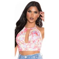 Damen Neckholder Crop-Top Mit Blumenmuster Coral -Look Motto Verkäufe damen neckholder crop top mit blumenmuster coral6