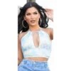 Damen Neckholder Crop-Top Mit Blumenmuster Türkis -Look Motto Verkäufe damen neckholder crop top mit blumenmuster tuerkis