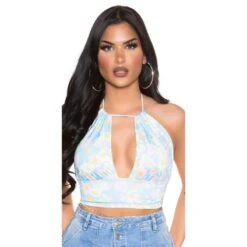 Damen Neckholder Crop-Top Mit Blumenmuster Türkis -Look Motto Verkäufe damen neckholder crop top mit blumenmuster tuerkis5