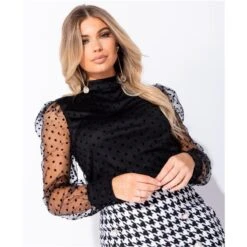 Damen Polka Dot Chiffon Bluse Mit Stehkragen Schwarz