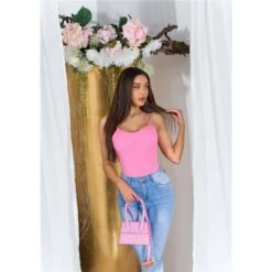 Damen Rippstrick Träger-Top Mit Gekreuzten Trägern Rosa -Look Motto Verkäufe damen rippstrick traeger top mit gekreuzten traegern rosa4
