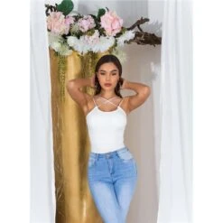 Damen Rippstrick Träger-Top Mit Gekreuzten Trägern Weiß -Look Motto Verkäufe damen rippstrick traeger top mit gekreuzten traegern weiss5