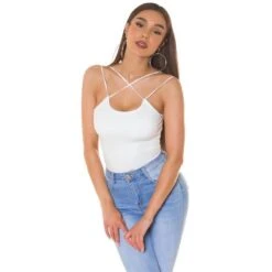 Damen Rippstrick Träger-Top Mit Gekreuzten Trägern Weiß -Look Motto Verkäufe damen rippstrick traeger top mit gekreuzten traegern weiss6