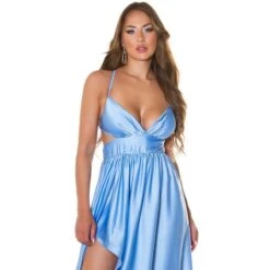 Damen Satin Träger-Maxikleid Mit XL-Beinschlitz Babyblau -Look Motto Verkäufe damen satin traeger maxikleid mit xl beinschlitz babyblau3