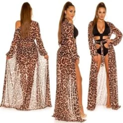 Damen Strand Kimono Lang Aus Chiffon Strandkleid Leopard