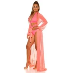 Damen Strand Kimono Lang Aus Chiffon Strandkleid Neon Coral -Look Motto Verkäufe damen strand kimono lang aus chiffon strandkleid neon coral4