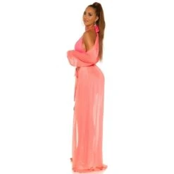 Damen Strand Kimono Lang Aus Chiffon Strandkleid Neon Coral -Look Motto Verkäufe damen strand kimono lang aus chiffon strandkleid neon coral6