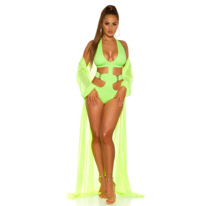 Damen Strand Kimono Lang Aus Chiffon Strandkleid Neon Grün 4 Damen Strand Kimono Lang Aus Chiffon Strandkleid Neon Grün – Bild 2