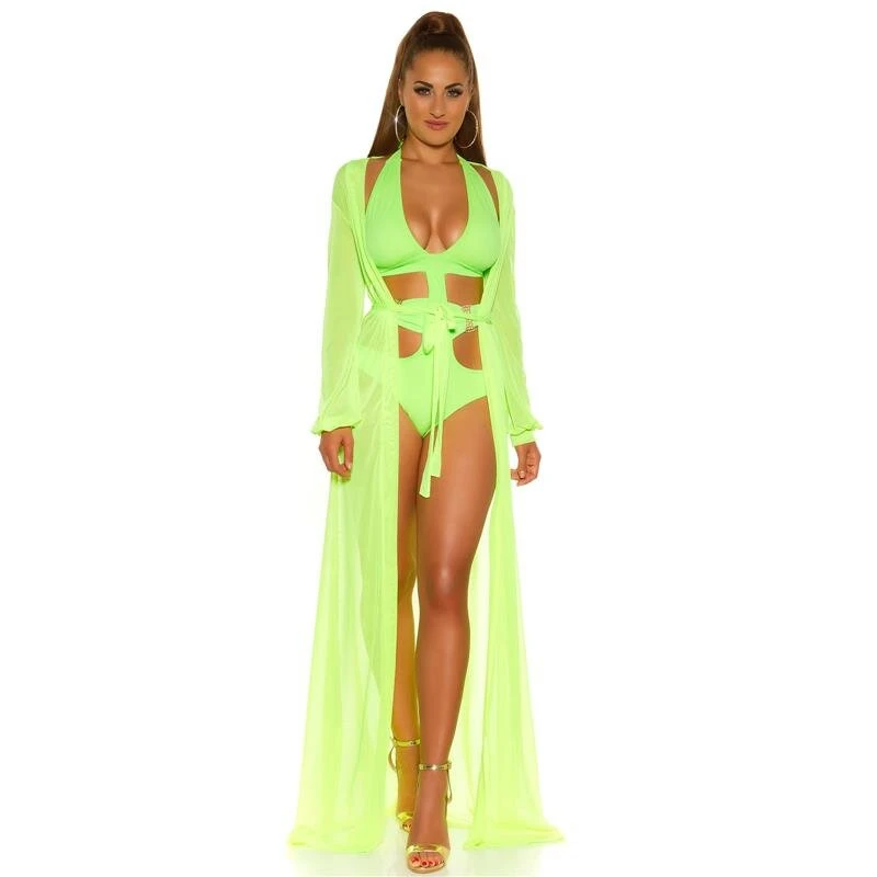 Damen Strand Kimono Lang Aus Chiffon Strandkleid Neon Grün 7 Damen Strand Kimono Lang Aus Chiffon Strandkleid Neon Grün – Bild 5