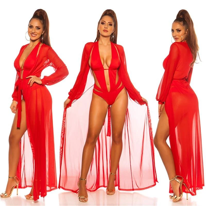 Damen Strand Kimono Lang Aus Chiffon Strandkleid Rot 3 Damen Strand Kimono Lang Aus Chiffon Strandkleid Rot