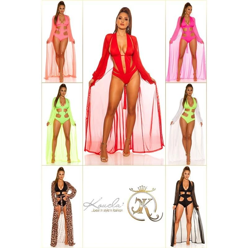 Damen Strand Kimono Lang Aus Chiffon Strandkleid Rot 7 Damen Strand Kimono Lang Aus Chiffon Strandkleid Rot – Bild 5