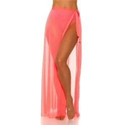 Damen Strand Wickelrock Lang Aus Chiffon Neon Coral