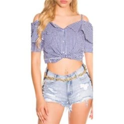 Damen Träger-/Off-Shoulder Bluse Kariert Mit Volants Blau