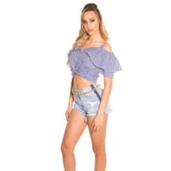 Damen Träger-/Off-Shoulder Bluse Kariert Mit Volants Blau -Look Motto Verkäufe damen traeger off shoulder bluse kariert mit volants blau5