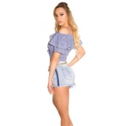 Damen Träger-/Off-Shoulder Bluse Kariert Mit Volants Blau -Look Motto Verkäufe damen traeger off shoulder bluse kariert mit volants blau6