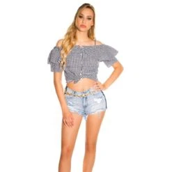 Damen Träger-/Off-Shoulder Bluse Kariert Mit Volants Schwarz