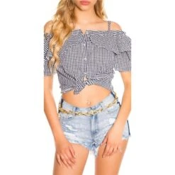 Damen Träger-/Off-Shoulder Bluse Kariert Mit Volants Schwarz 13 Damen Träger-/Off-Shoulder Bluse Kariert Mit Volants Schwarz -Look Motto Verkäufe damen traeger off shoulder bluse kariert mit volants schwarz6