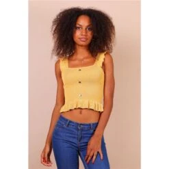 Damen Träger-Stricktop Mit Rüschen Und Deko-Knöpfen Senfgelb