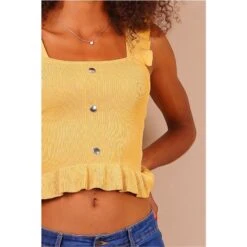 Damen Träger-Stricktop Mit Rüschen Und Deko-Knöpfen Senfgelb -Look Motto Verkäufe damen traeger stricktop mit rueschen und deko knoepfen senfgelb4