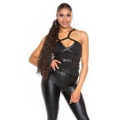 Damen Träger-Top Mit Nieten Und Kunstleder-Einsatz Schwarz -Look Motto Verkäufe damen traeger top mit nieten und kunstleder einsatz schwarz4