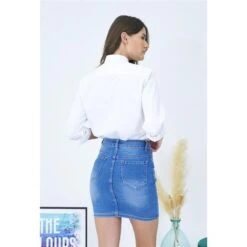 Damen Used-Look Jeans-Minirock Mit Knopfleiste Blau -Look Motto Verkäufe damen used look jeans minirock mit knopfleiste blau3
