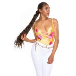 Damen Wasserfall Träger-Top Mit Blumenmuster Gelb -Look Motto Verkäufe damen wasserfall traeger top mit blumenmuster gelb4