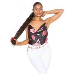 Damen Wasserfall Träger-Top Mit Blumenmuster Schwarz -Look Motto Verkäufe damen wasserfall traeger top mit blumenmuster schwarz4