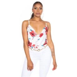 Damen Wasserfall Träger-Top Mit Blumenmuster Weiß -Look Motto Verkäufe damen wasserfall traeger top mit blumenmuster weiss4
