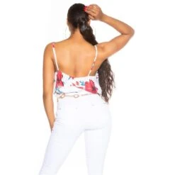 Damen Wasserfall Träger-Top Mit Blumenmuster Weiß -Look Motto Verkäufe damen wasserfall traeger top mit blumenmuster weiss5