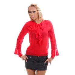 Edle Chiffon Schluppenbluse Transparent Mit Rüschen Rot