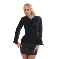 Edle Chiffon Schluppenbluse Transparent Mit Rüschen Schwarz
