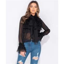 Look Motto Verkäufe -Look Motto Verkäufe edle damen chiffon schluppenbluse mit volants schwarz2