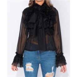 Edle Damen Chiffon Schluppenbluse Mit Volants Schwarz -Look Motto Verkäufe edle damen chiffon schluppenbluse mit volants schwarz3