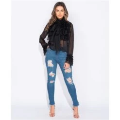 Edle Damen Chiffon Schluppenbluse Mit Volants Schwarz -Look Motto Verkäufe edle damen chiffon schluppenbluse mit volants schwarz4