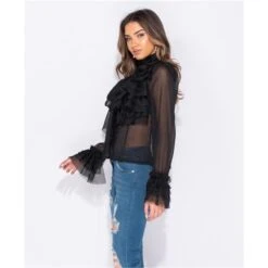 Edle Damen Chiffon Schluppenbluse Mit Volants Schwarz -Look Motto Verkäufe edle damen chiffon schluppenbluse mit volants schwarz6