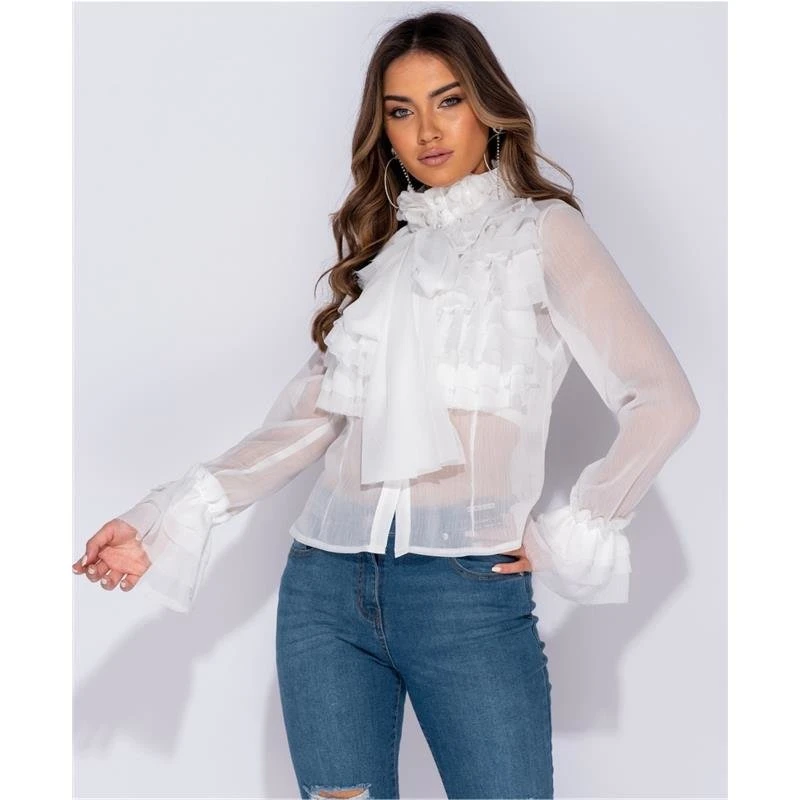 Edle Damen Chiffon Schluppenbluse Mit Volants Weiß 4 Edle Damen Chiffon Schluppenbluse Mit Volants Weiß – Bild 2