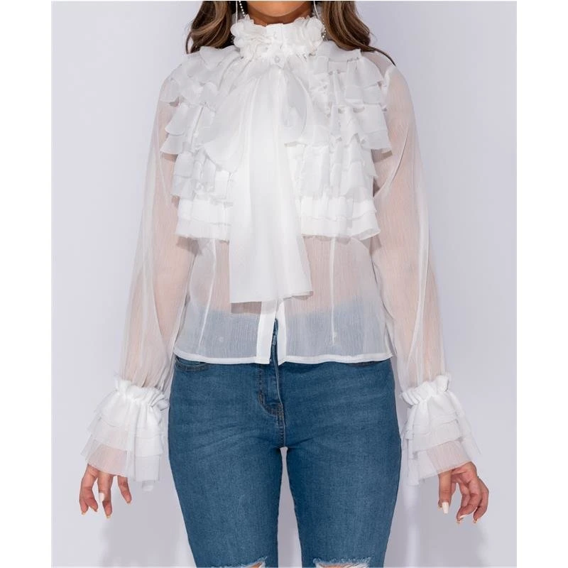 Edle Damen Chiffon Schluppenbluse Mit Volants Weiß 5 Edle Damen Chiffon Schluppenbluse Mit Volants Weiß – Bild 3
