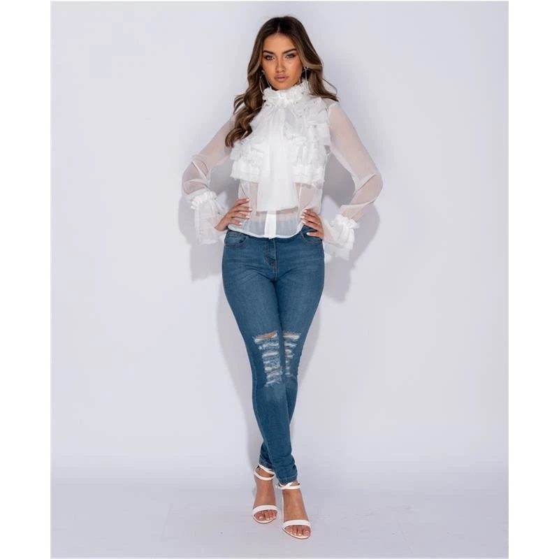 Edle Damen Chiffon Schluppenbluse Mit Volants Weiß 6 Edle Damen Chiffon Schluppenbluse Mit Volants Weiß – Bild 4