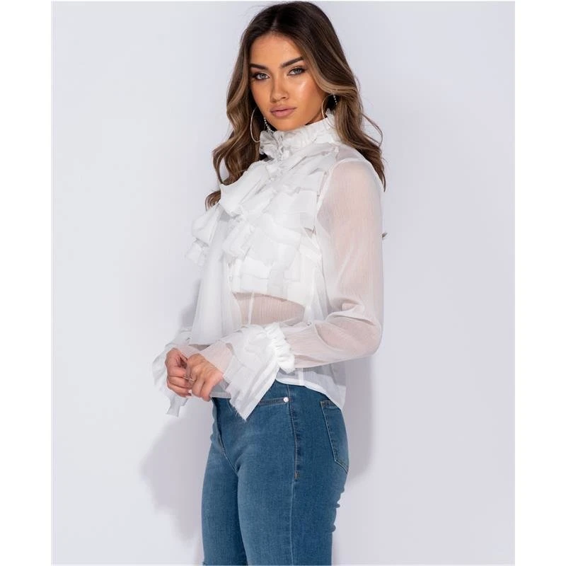 Edle Damen Chiffon Schluppenbluse Mit Volants Weiß 8 Edle Damen Chiffon Schluppenbluse Mit Volants Weiß – Bild 6